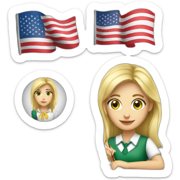 English teacher female with blonde hair and green eyes with English book with Ukrainian flag  and usa flags sticker