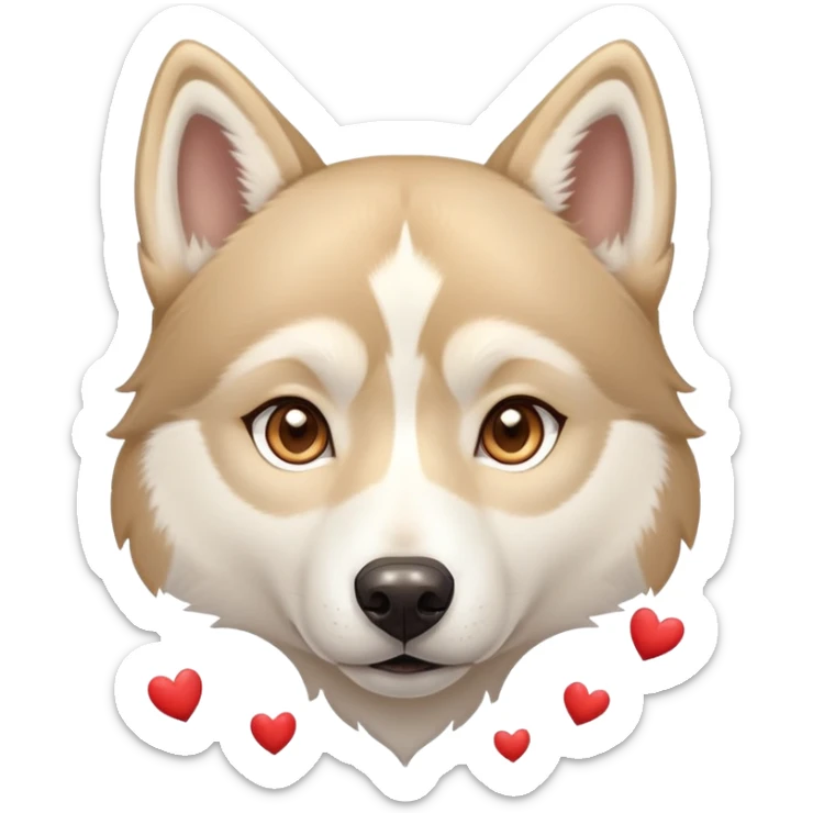 Husky, beige doré Aux yeux marrons clairs Avec plein de cœur rouge autour de sa tête sticker
