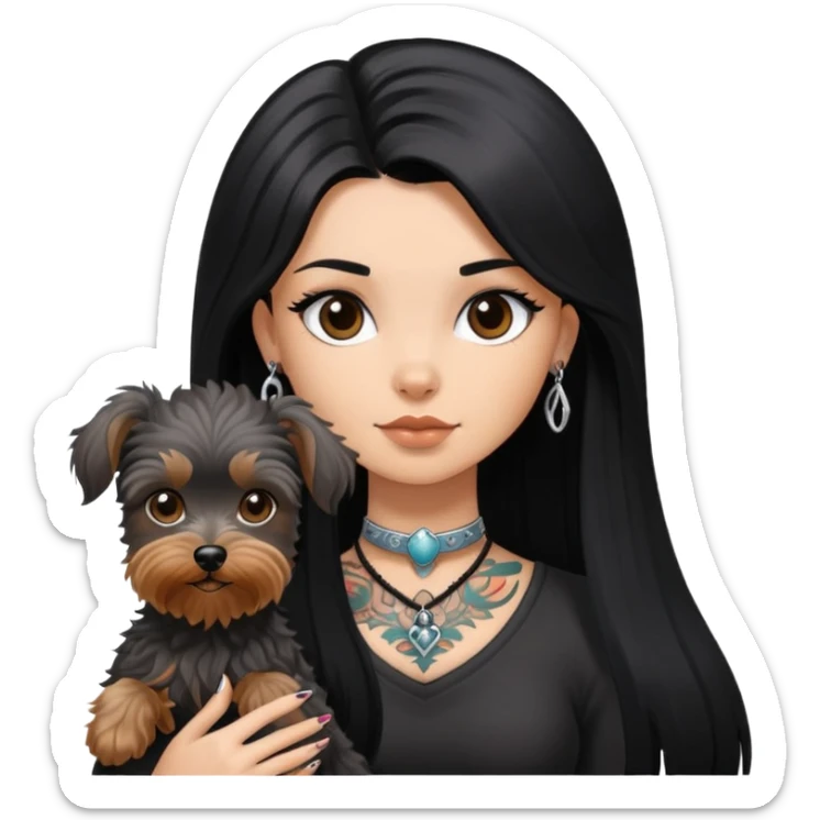 girl with long black  straight hair and tattoos and a  silver Yorkshire and a brown poodle sticker