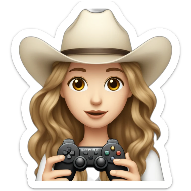 white girl with dark brown hair with a cowboy hat holding a black game controller sticker