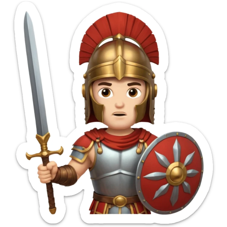 An emoji of the Roman god Mars. He is a warrior with a helmet and armor, holding a sword and shield, with a fierce expression. sticker