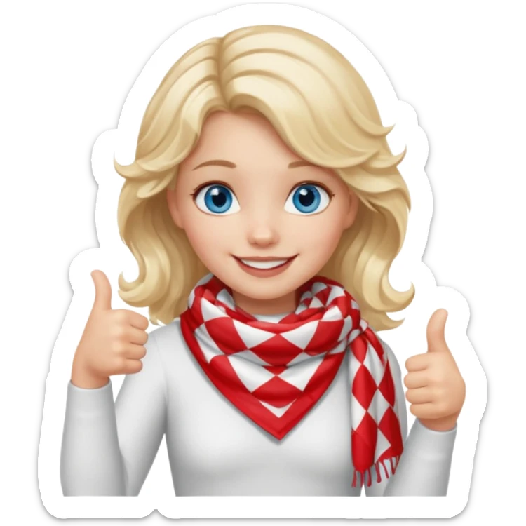 Blonde Girl, Blue Eyes, wavy hair, smiling, thumbs up, wearing red Checkered Triangle scarf, white dress sticker