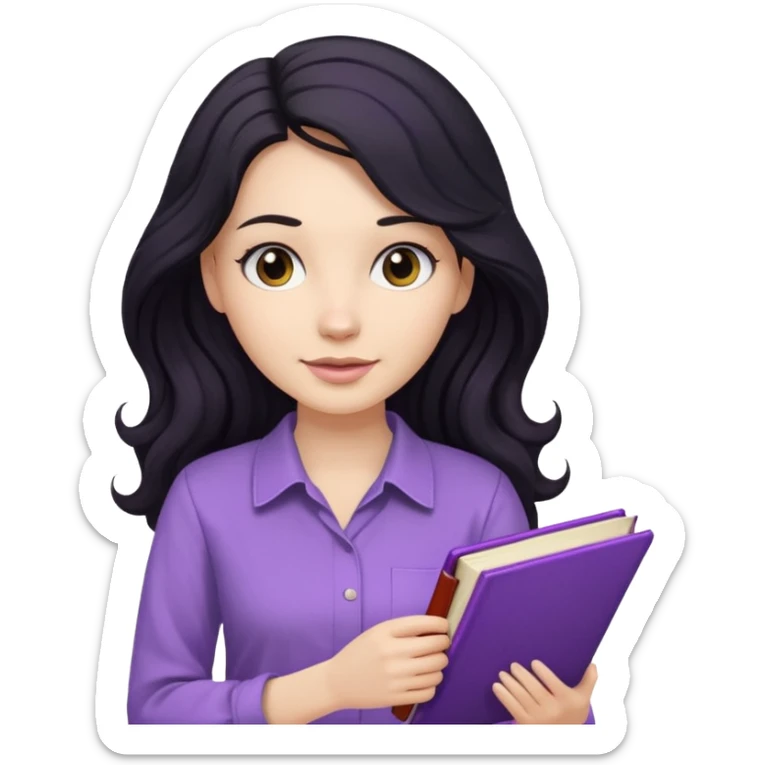 Long Hair Women with Black wavy hair, with purple Book, beige shir, without background sticker