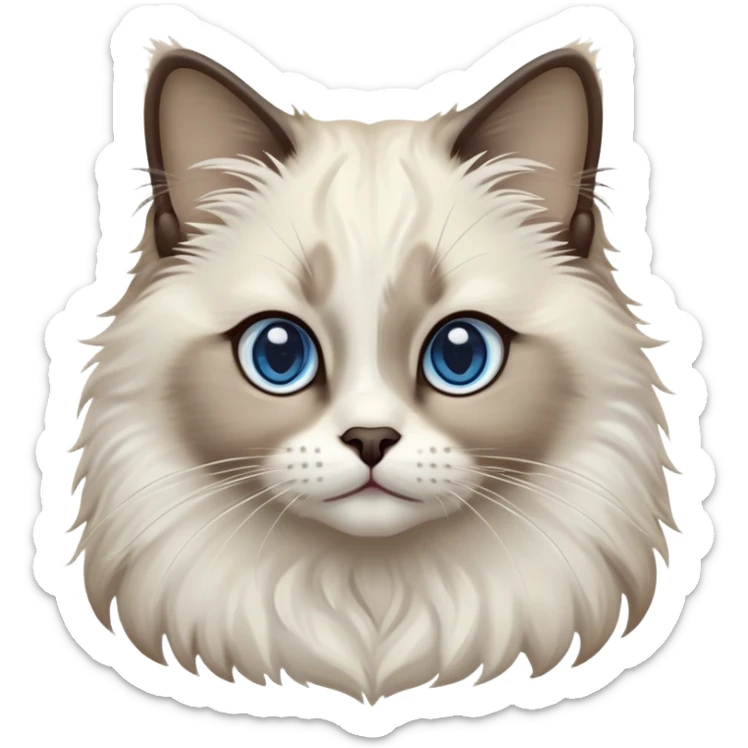 Cinematic-Fluffy-Seal-Ragdoll-Cat-Portrait-Emoji – Head tilted cutely with big, sparkling blue eyes, soft brown-and-white fur with darker seal points on the ears, face, and paws, simplified yet irresistibly adorable features, highly detailed, glowing with a soft and warm charm. sticker