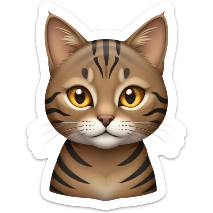 cinematic-noble-grey-and-black-brown-tabby-cat-portrait-emoji,-head-tilted-slightly-with-a-dramatic,-sleek-grey-brown-fur-with-dark-black-tabby-stripes,-sparkling-amber-eyes-barely-open,-simplified-yet-irresistibl sticker
