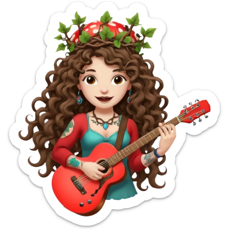 woman with long curly brown hair, brown eyes, white skin, tattoos, wearing a mushroom crown and tuning a neon vine guitar, mischievous rock grin sticker