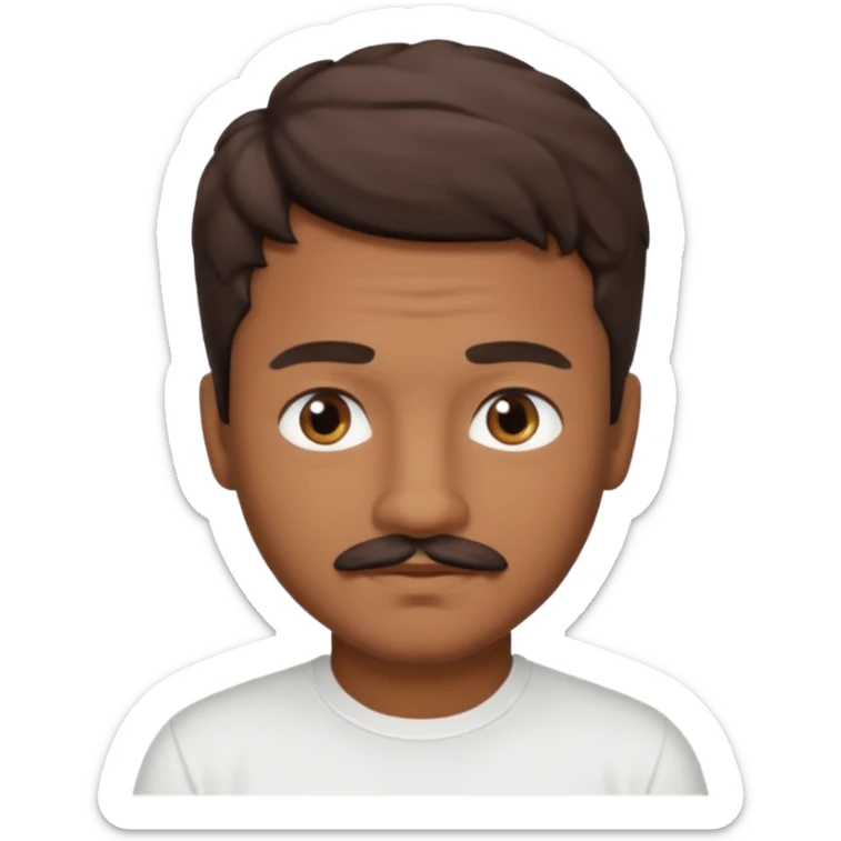 Homme brun cheveux court ondulé. Métisse. Yeux marrons très foncé. Avec t-shirt blanc avec une légère moustache  sticker