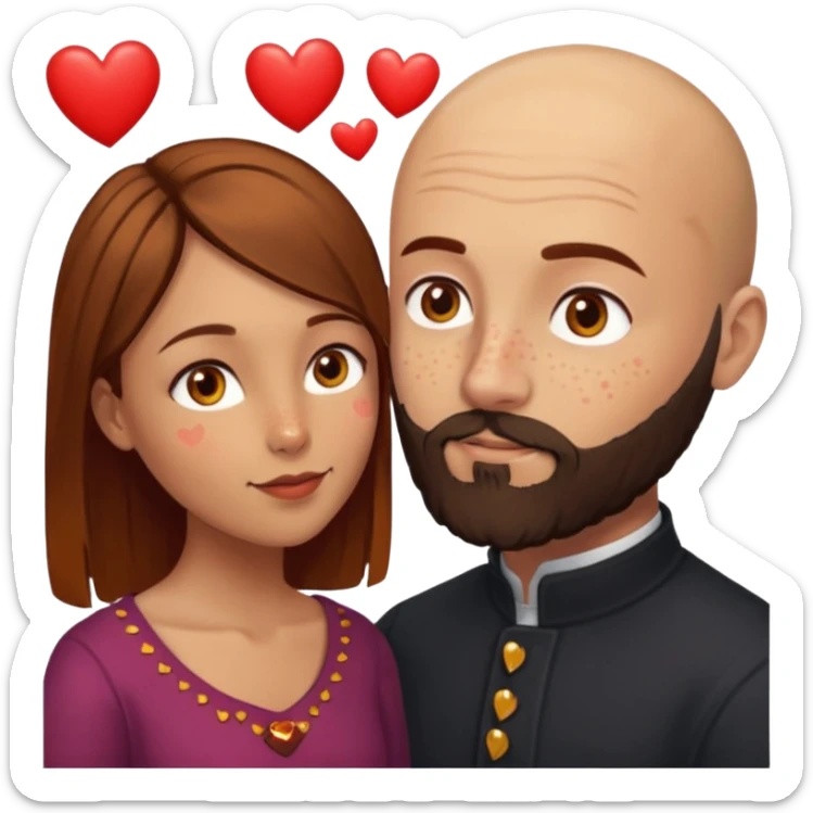 Couple. Bald man with dark brown-black beard. Woman with many small, faded, round freckles, white skin and she has auburn-yellow-brown-caramel-cinnamon dark hair. She has light yellow-brown eyes. He have hazel eyes. They look at each other. Many small red hearts around them. sticker