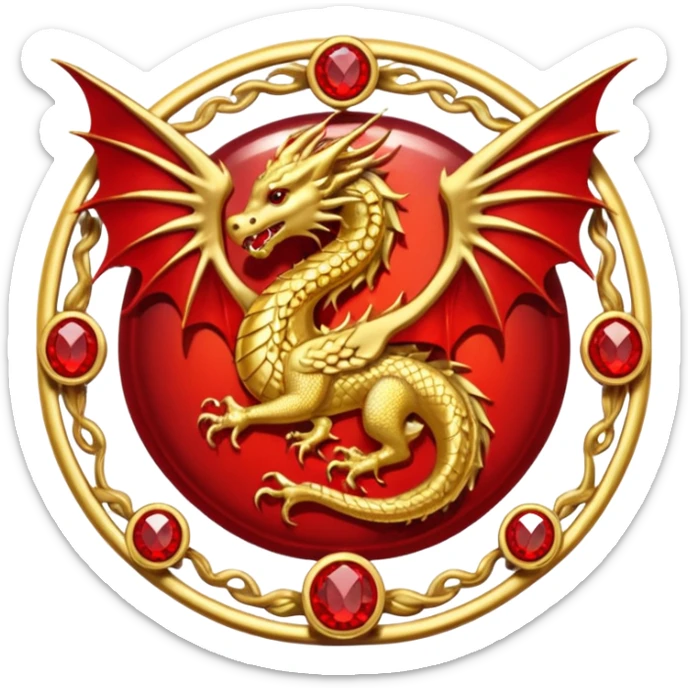 Golden dragon with wings crest / brosch in a circle with red gems and no background sticker