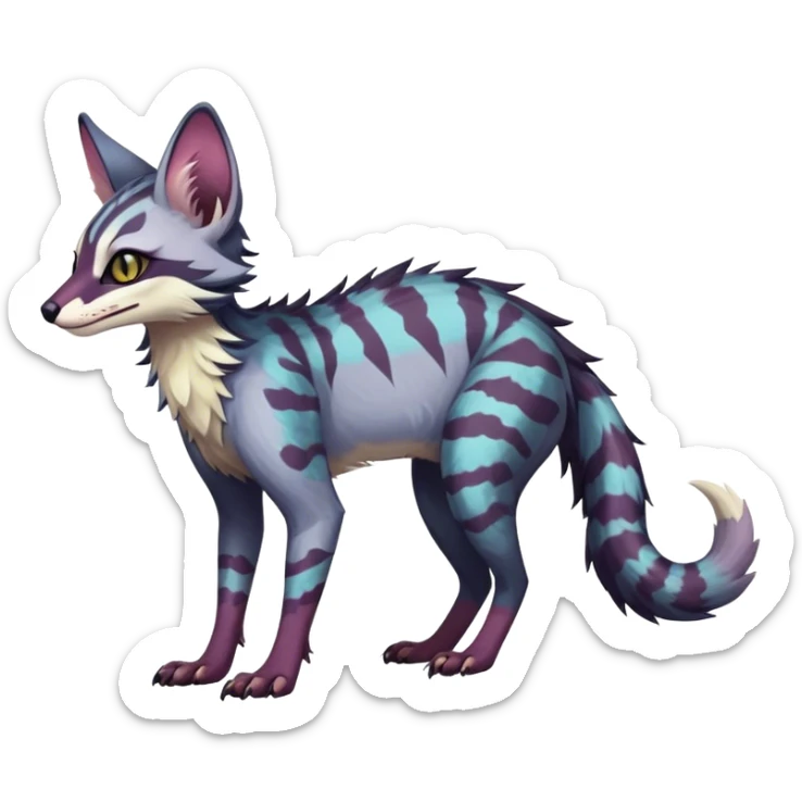 Feral Rare Fantasy dark colorful pastel vibrant Vernid-Sergal-Genet-Trico-species by LiLaiRa, random markings, tufted tail, tufted ears, full body sticker