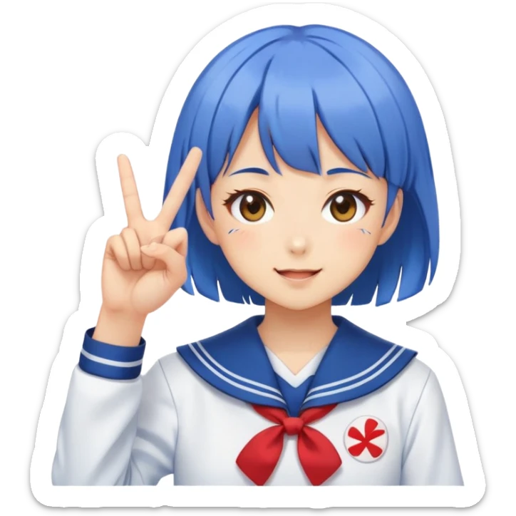 Energetic anime girl with short blue hair wearing Japanese sailor style school uniform, winking and making peace sign, kawaii style sticker