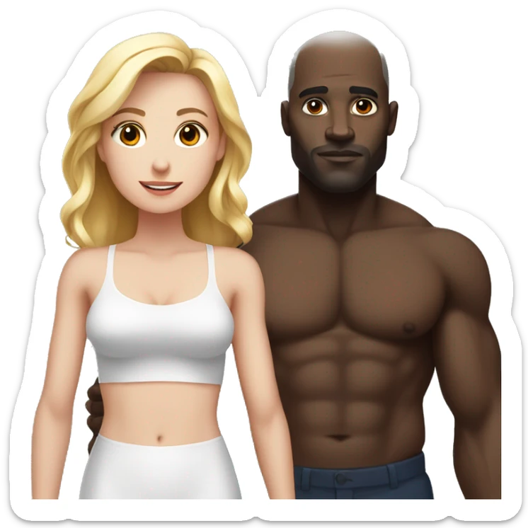 Woman  who is very short with white skin standing next to a strong black man who is shirtless and twice her height sticker