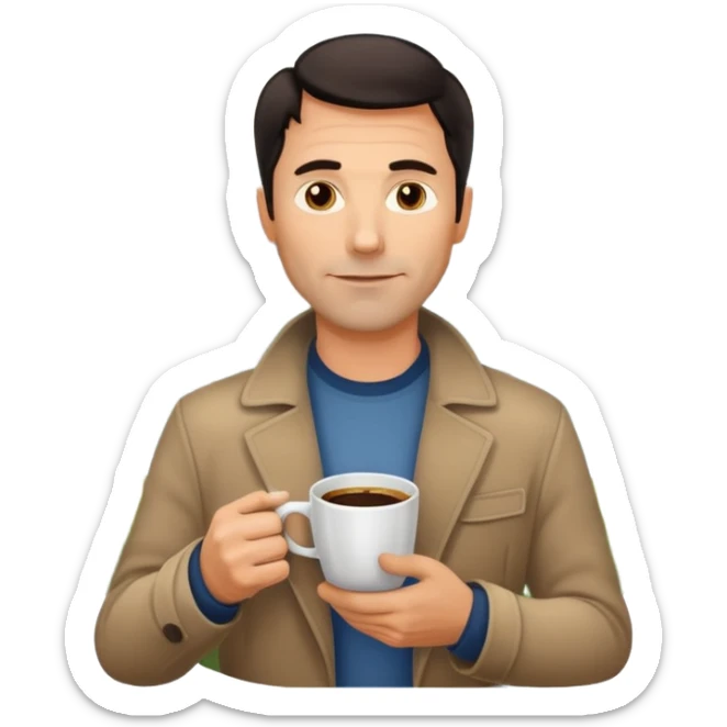 A handsome 45 year old white man with dark hair in a very foggy park with a city view drinking a cup of coffee sticker
