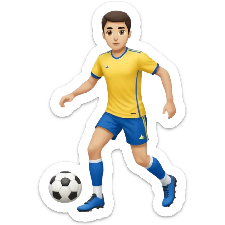 Persian soccer player in full soccer team kit with a yellow top, blue shorts and white socks, no soccer ball sticker