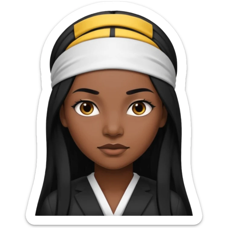 Black woman, 30 years old, lawyer, long straight hair, headband, strong and sharp expression sticker
