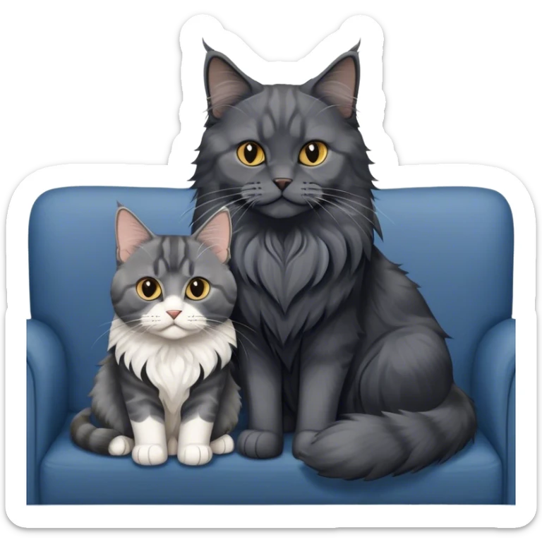 Portrait of a black smoke Maine Coon cat with long grey ear tufts, alongside a British Shorthair cat with a solid blue coat on sofa. Both cats with detailed fur textures and playful expressions. Soft, elegant background of room with flowers and natural tones. Transparent background. sticker