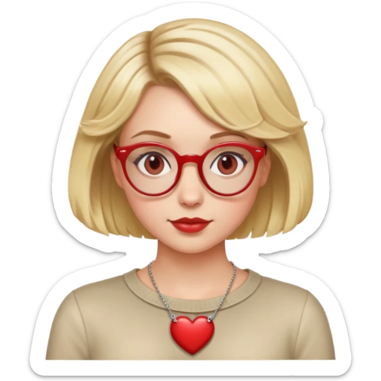 white girl head with short blonde bob hair slightly curled, red round glasses, heart necklace sticker