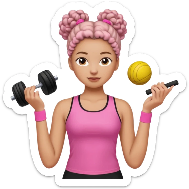 Faça um emoji personalizável estilo Apple menina  igual essa d foto com roupas clara , blusa esportiva rosa e por baixo uma blusa branca calça leg preta  cabelo coque  4c crespo  , faça um pack de emojis com ela fazendo situações clean girl igual os do pinterest  sticker