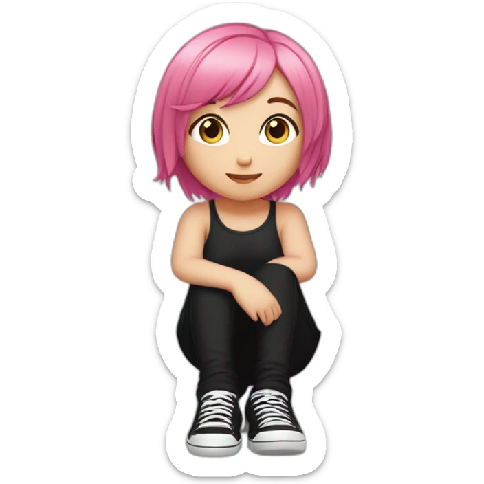 full body Front view curvy emo girl pink hair sits on the floor straight view hands up черная юбка белые трусики рваные полосатые чулки sticker