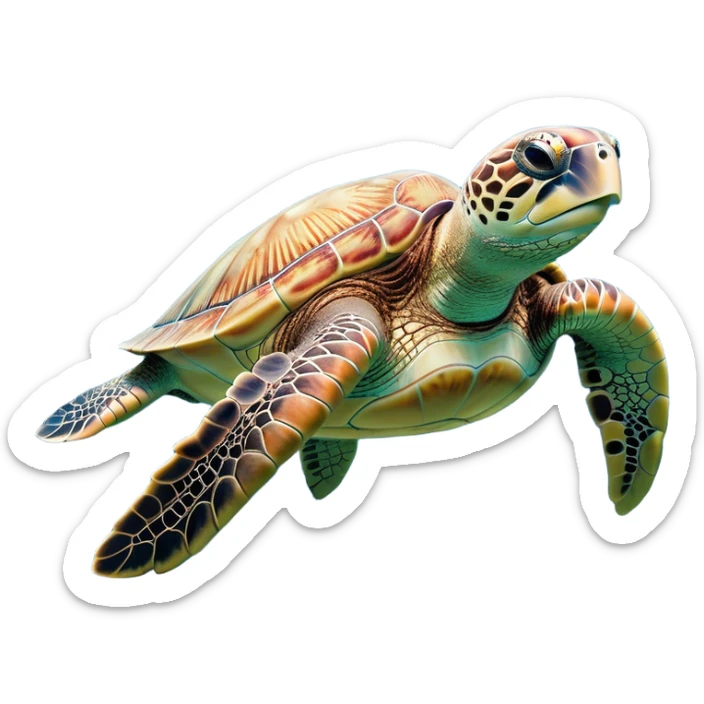 Cinematic Noble Sea Turtle Portrait Emoji, Poised and wise, with a majestic, domed shell adorned with rich, textured patterns and a smooth, ancient body gliding gracefully through the water, deep, reflective eyes exuding calm wisdom, Simplified yet sharp and sophisticated features, highly detailed, glowing with a soft, oceanic glow, high shine, intelligent and graceful, stylized with an air of timeless marine majesty, focused and serene, soft glowing outline, capturing the essence of a watchful and confident sea guardian that appears ready to glide out of the screen with effortless authority! sticker