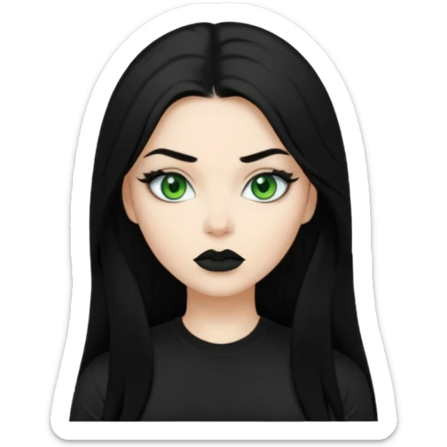 Black haired woman, green eyes, black lipstick, white skin, black t shirt, sharp face, long hair sticker