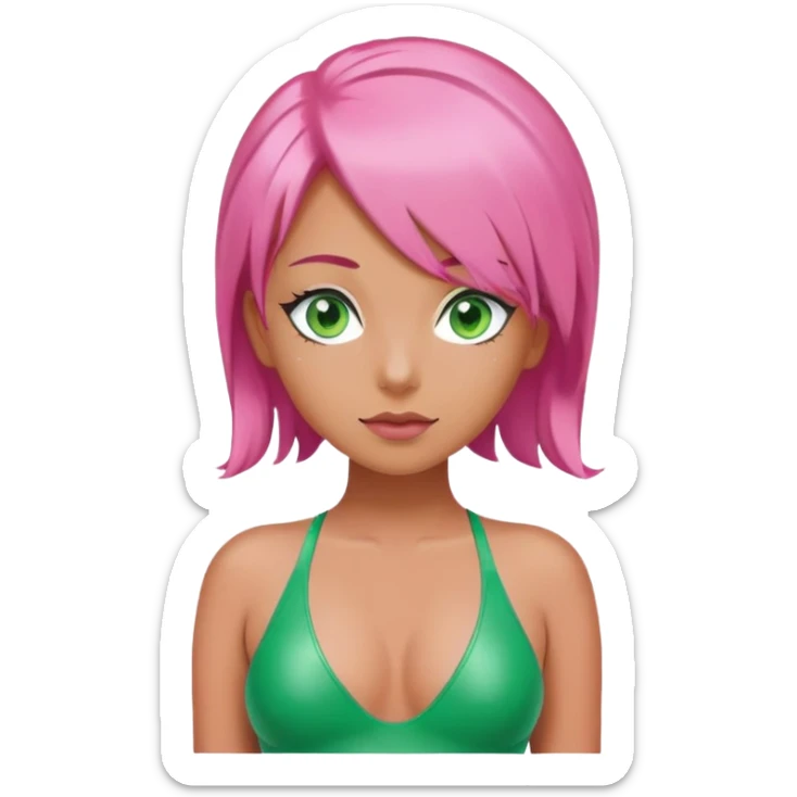 A woman in a latex swimsuit, with large breasts, also has pink hair and green eyes. sticker
