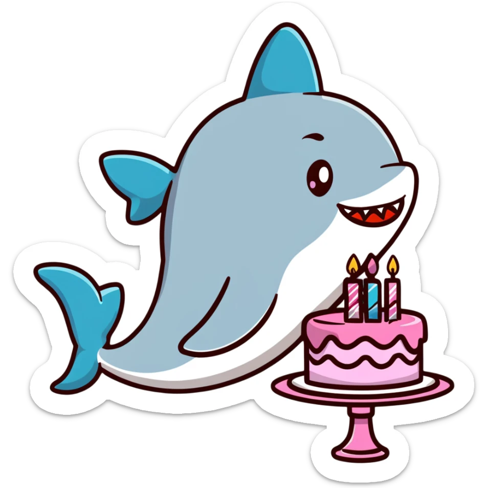 cartoon shark with lips puckered, directly kissing a frosted birthday cake sticker