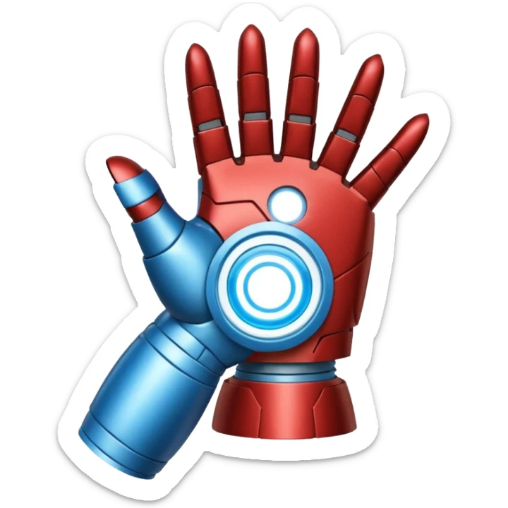 Iron Man hand blaster emoji, palm facing out, blue repulsor, apple style emoji sticker