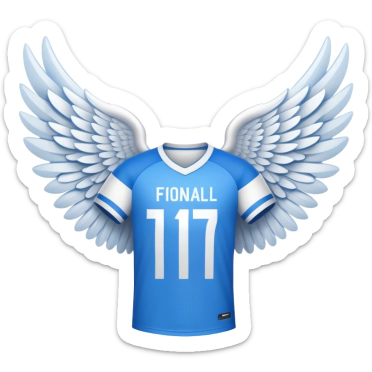 White and blue football shirt with angel wings symbol sticker