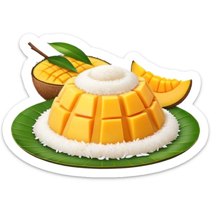 cinematic-realistic-mango-sticky-rice-dessert-emoji,-showcasing-sweet-sticky-rice out of a mould-paired-with-ripe-mango-slices-and-coconut-milk-rendered-with-lifelike-detail-and-warm,-inviting-lighting with the coconut  milk over the rice sticker