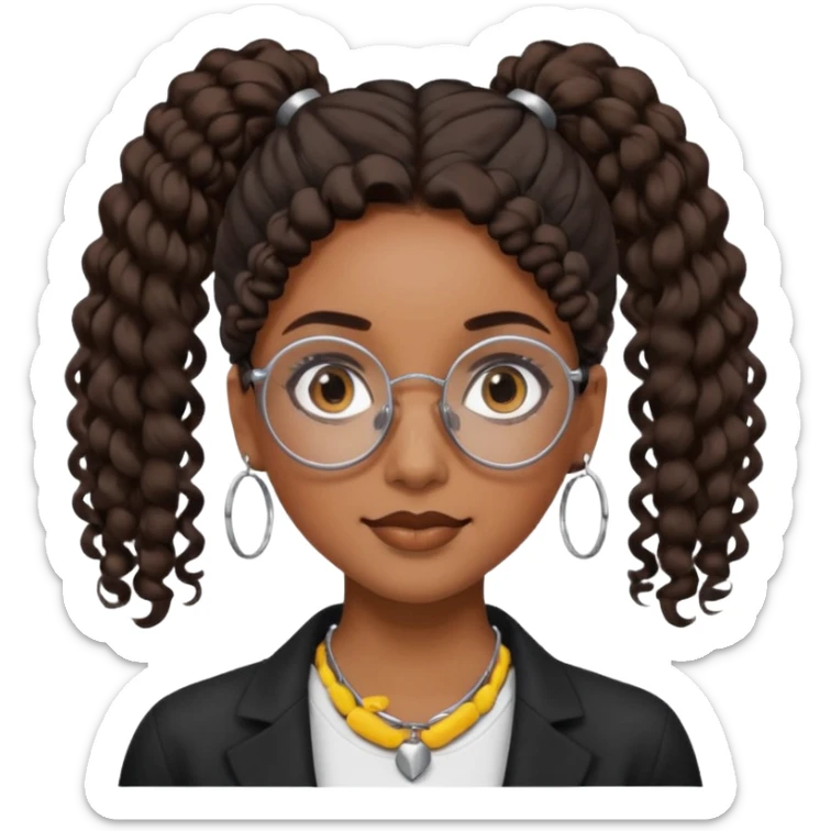 chica morena de ojos claros con gafas negras exagonales redondeadas. y pelo rizado castaño con todo el pelo recogido en una coleta . y un collar de plata . Con todo el pelo recogido un clen look sticker
