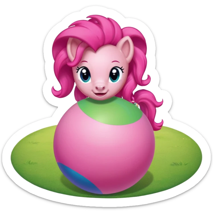 Pinkie Pie pony from My Little Pony happily bouncing on a big colorful ball, cartoon style, bright colors, cheerful expression, background with green meadow or playground sticker