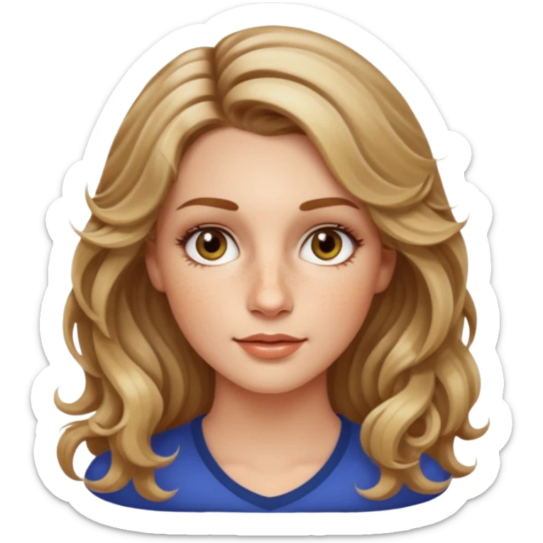 creative women with long dark Blond with highlights semi curly hair white women, oval shape face hazel eyes long lashes freckles on the nose high cheek bones sticker