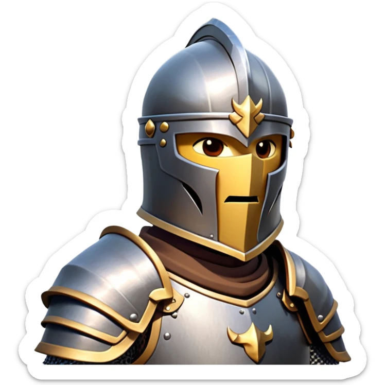 clash-of-clans-aesthetic_-cinematic-fearsome-and-majestic-knight-bust-portrait-emoji, rendered in a flat, vector-style with minimal shading and bold, simplified shapes, depicting a battle-ready medieval knight with steely eyes and intricate armor, mounted on a warhorse reflecting sunlight over a misty battlefield. sticker
