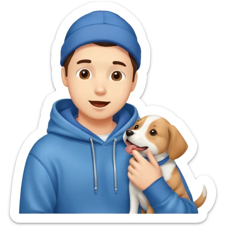 Cute dog lover boyfriend with soft smile, wearing hoodie and jeans, one dog licking his face sticker