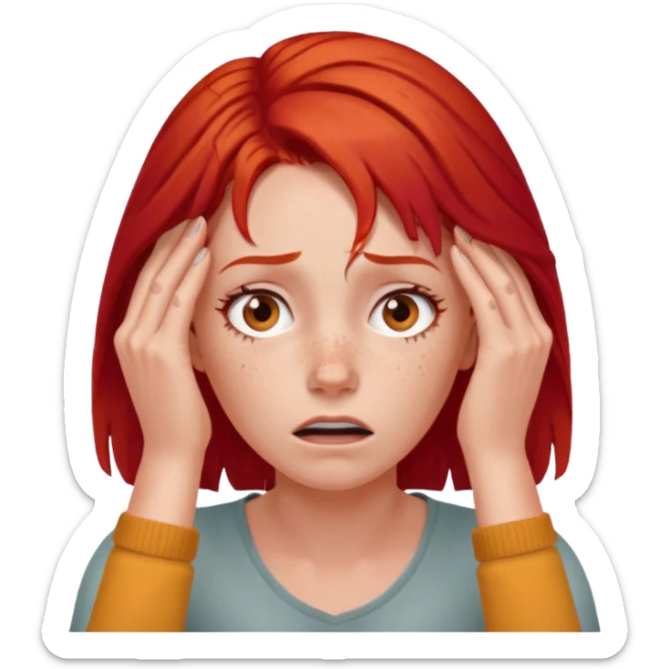 A realistic waist-up portrait of a frightened woman with her hands on her head and red hair sticker