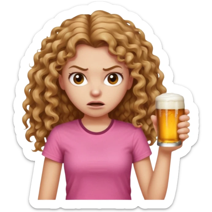 Girl with very long light brown curly hair and pink t-shirt with beers on hand and angry face sticker
