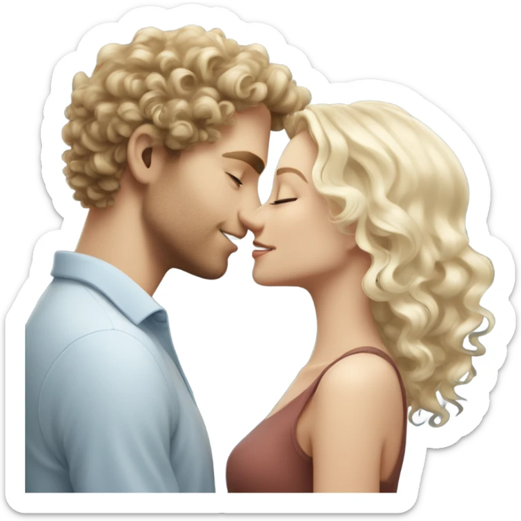 White Blonde guy with slim face and curly hair and beautiful blue eyes kissing happy white brunette girl   sticker