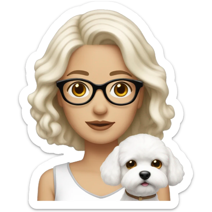white-woman-with-white-medium-hair-big-hazel-eyes-and-glasses- holding- Bichon with light brown ears  sticker