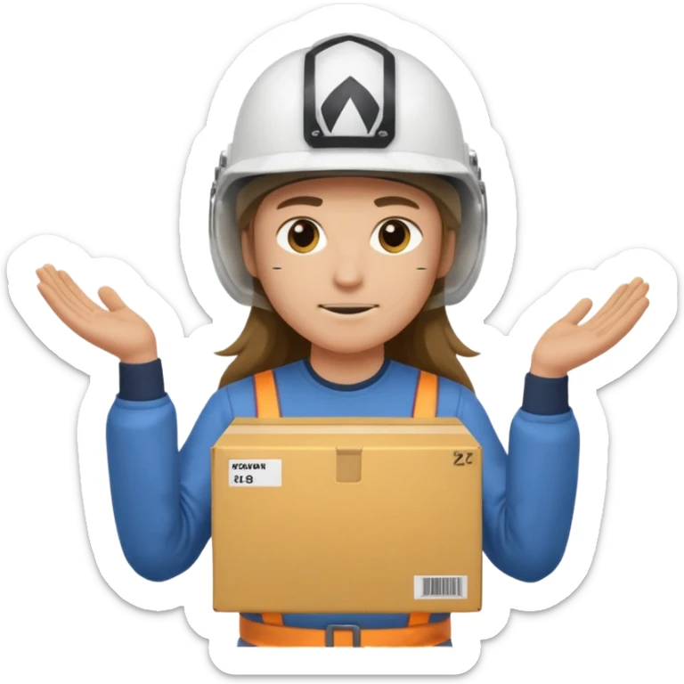 Tengo que dar una capacitacion de orgonomia, necesito un emoji de un operario con pelo largo y casco blanco de manga larga que levante una caja cerrada con las dos manos a la altura de los hombros y que tenga cara de esfuerzo fisico. Que no este saludando, las dos manos sosteniendo la caja.  sticker