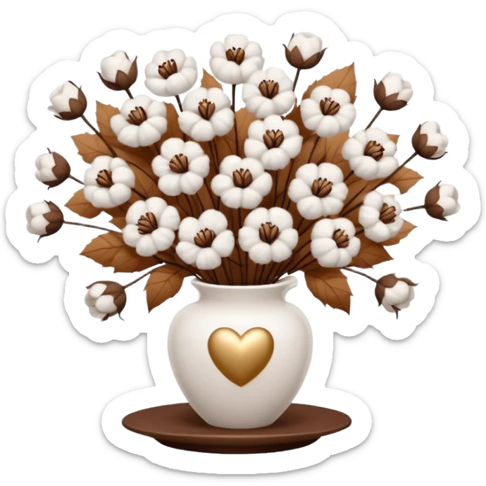 a bouquet of cotton flowers with brown dried petals, in a white ribbed vase on a white tray. next to it is a figurine in the form of a white heart, with sparkles sticker