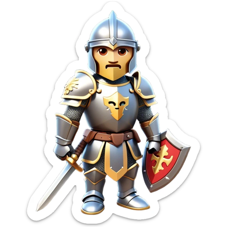 Clash of Clans aesthetic: Cinematic Playful Armored Knight Hero Emoji, rendered in a 3D vector-style similar to standard emojis with minimal shading and bold, simplified shapes. A compact, isometric warrior clad in gleaming plate armor with intricate heraldic details, softly glowing with a chivalrous medieval charm. Simplified yet unmistakably iconic, highly detailed and consistent, glowing with a soft radiant shine and high polish. Stylized with a touch of noble valor and a soft glowing outline, capturing the essence of a gallant knight ready for honorable battle with a friendly, playful manner! sticker