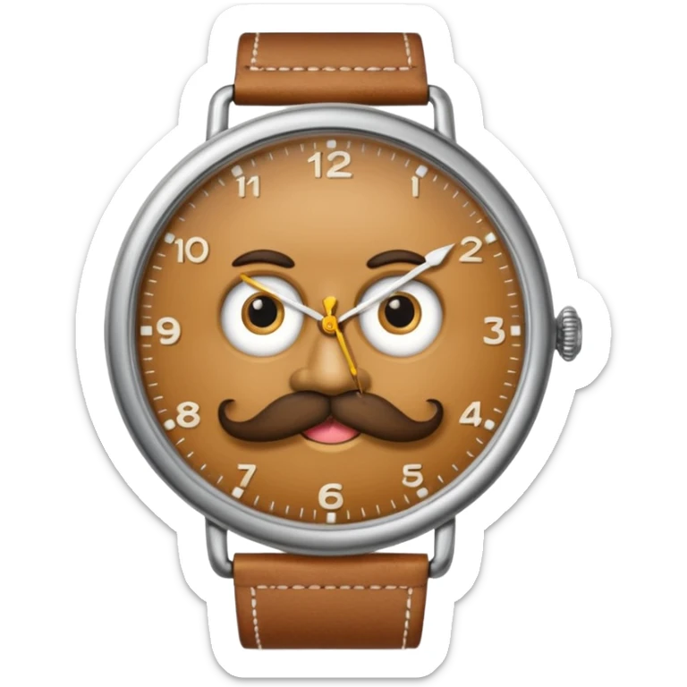 a watch person, a wrist watch with a face (eyes and mouth) in it and the clock hand are positioned to look like a moustache sticker