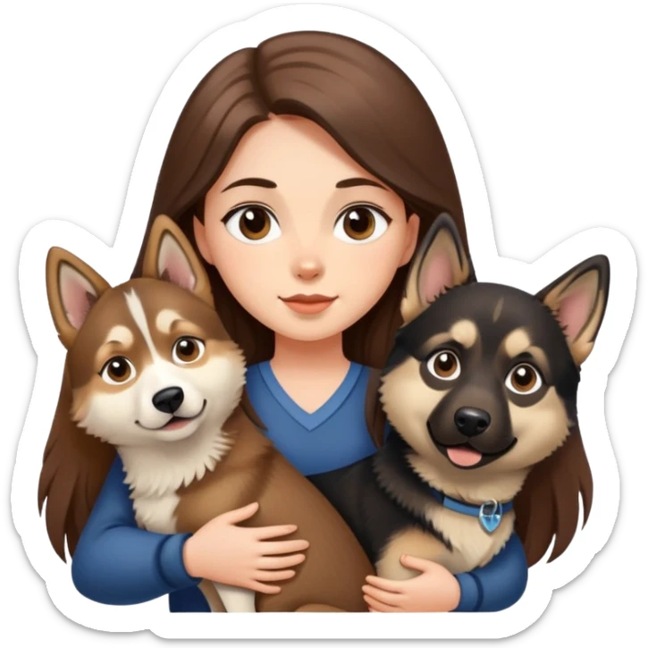 girl with long brown hair holding a german shepherd and holding a husky sticker