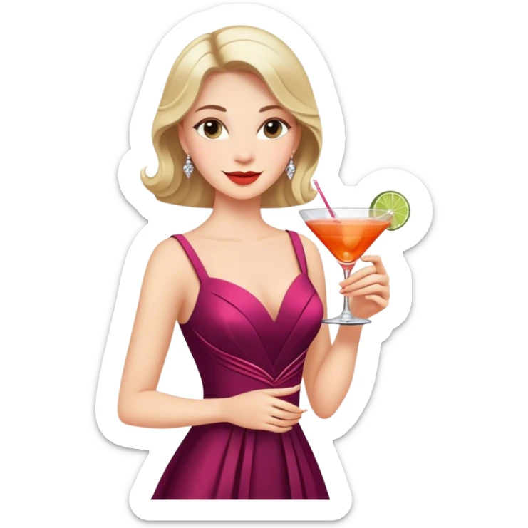 a woman in a luxurious dress with a slight smile. She is enjoying life while holding a cocktail. sticker