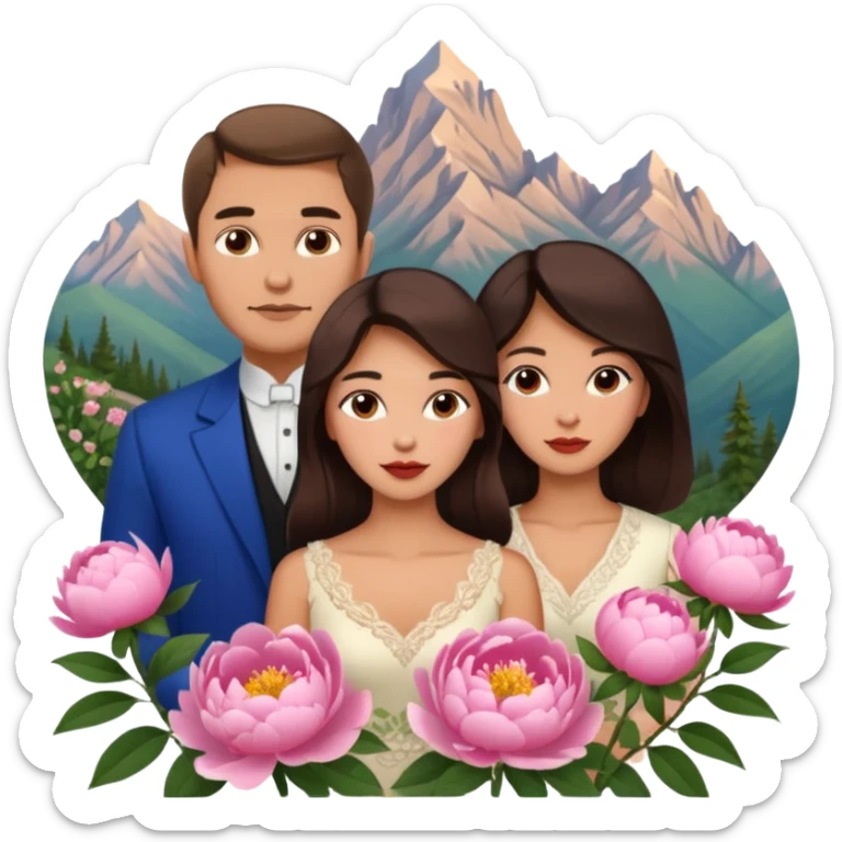 Couple traveling in Montenegro russian man and elegant  Latina girl delicate peonies and mountains in the background  sticker