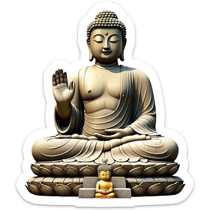 Cinematic Realistic image of the Big Buddha Monument of Sinheungsa Temple, portrayed as a towering, serene Buddha statue carved from weathered stone with intricate details and a gentle meditative expression, set within an ancient temple landscape enveloped in soft, ethereal lighting that underscores its spiritual majesty. sticker