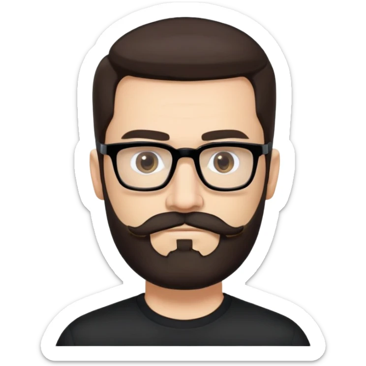 Caucasian male, longer hair straight dark brown hair combed back, thick dark eyebrows, rectangular black eyeglasses, full beard and mustache neatly groomed, neutral facial expression, wearing a black crew neck shirt. sticker