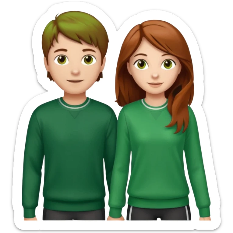 full-length happy couple, girl with long brown hair and hazel eyes in green sweater, boy with auburn hair in sportswear sticker