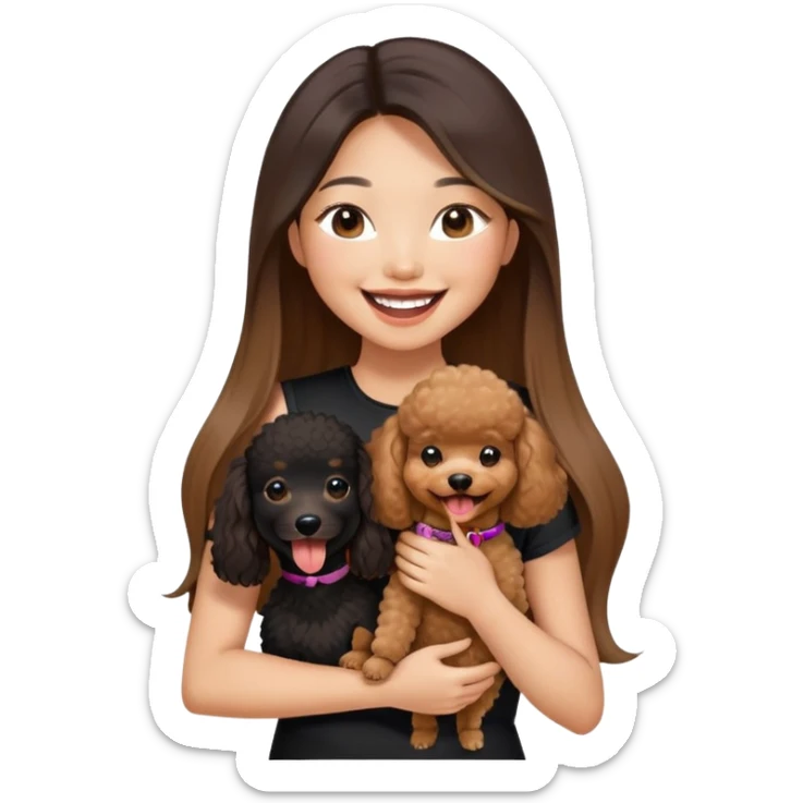 a asian girl with long straight balayage hair, long lashes, laughing, wearing black halterneck top, and holding a brown poodle sticker